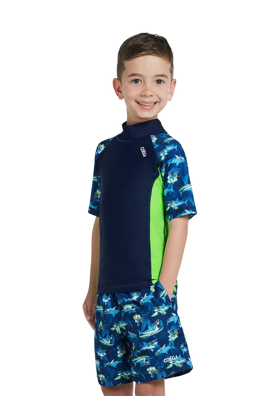 Coega Sunwear Boys' Short Sleeve Rashguard - Navy Sharks