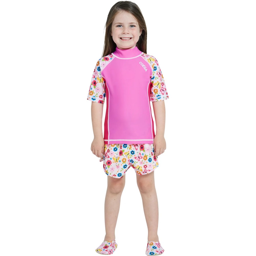 Coega Sunwear - Girl's Short Sleeves Rashguard - Pink Rosey Flowers