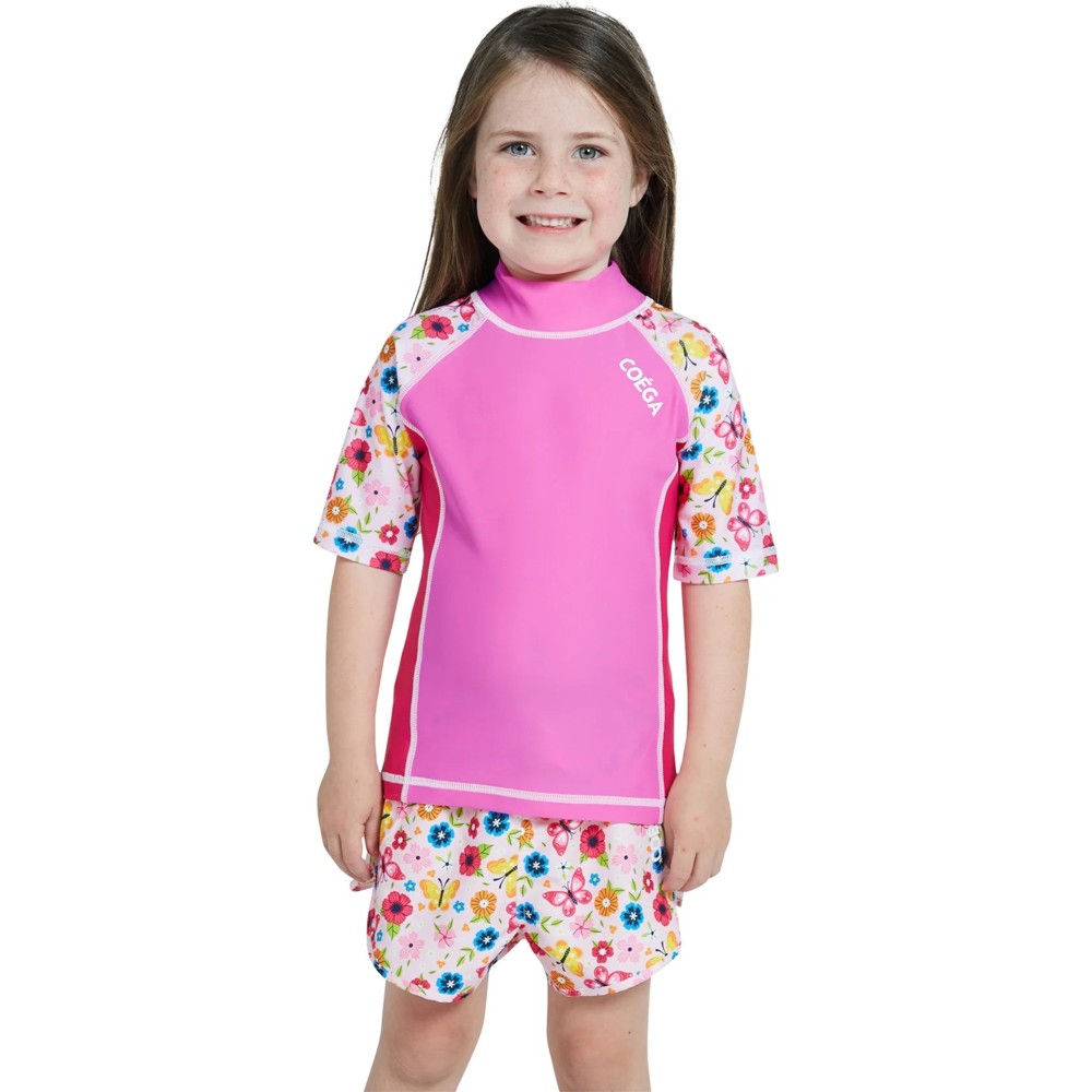 Coega Sunwear - Girl's Short Sleeves Rashguard - Pink Rosey Flowers