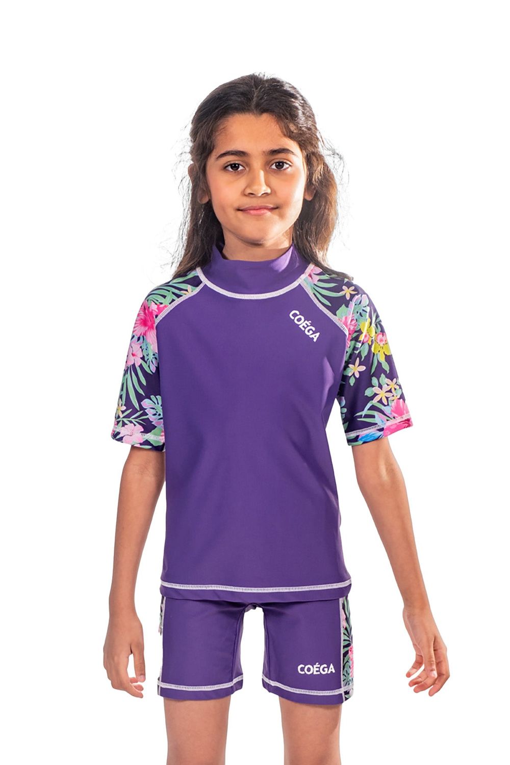 Coega Sunwear Girl's Rashguard & Swim Shorts - Purple Blue Tropical - 2 Pcs