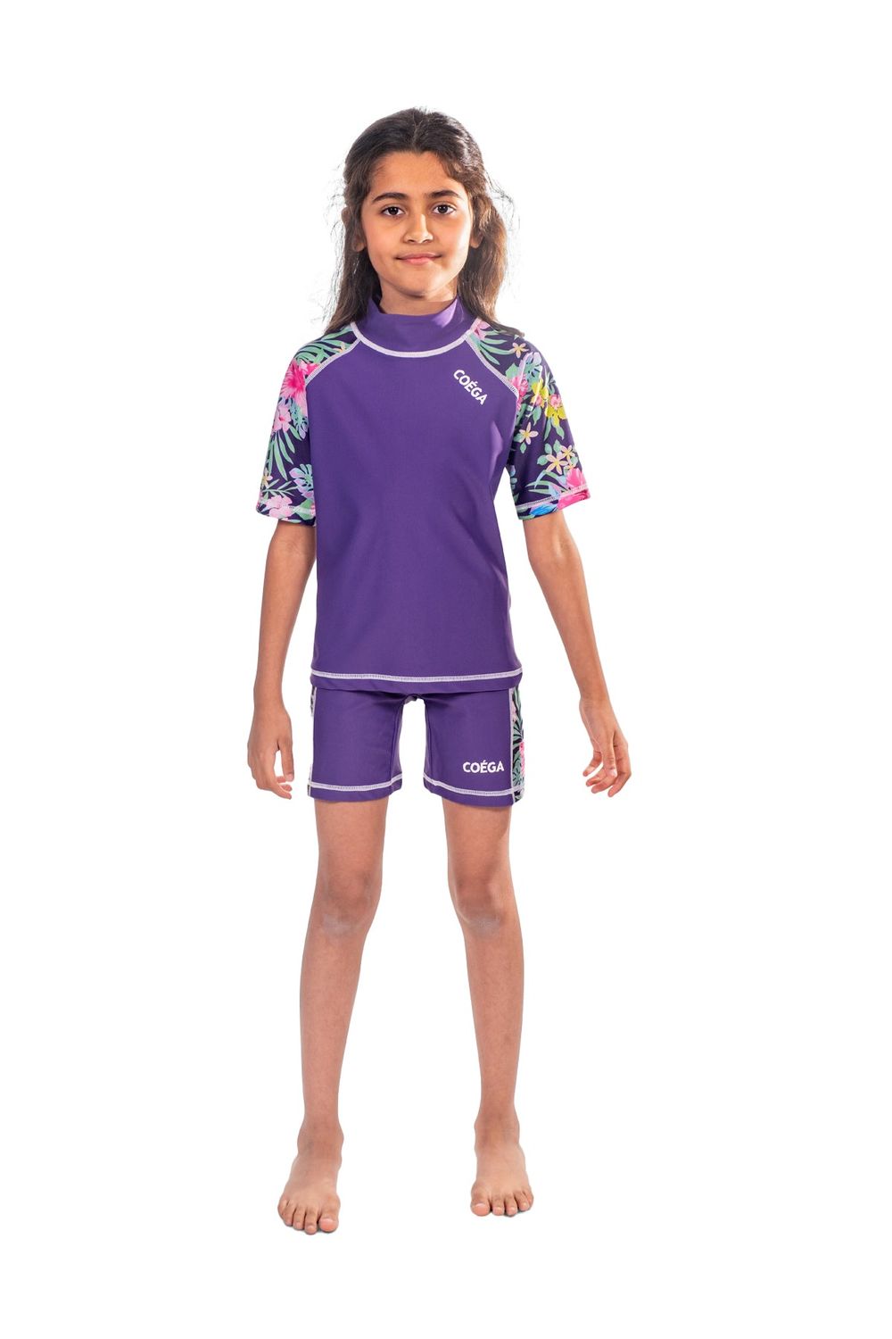 Coega Sunwear Girl's Rashguard & Swim Shorts - Purple Blue Tropical - 2 Pcs