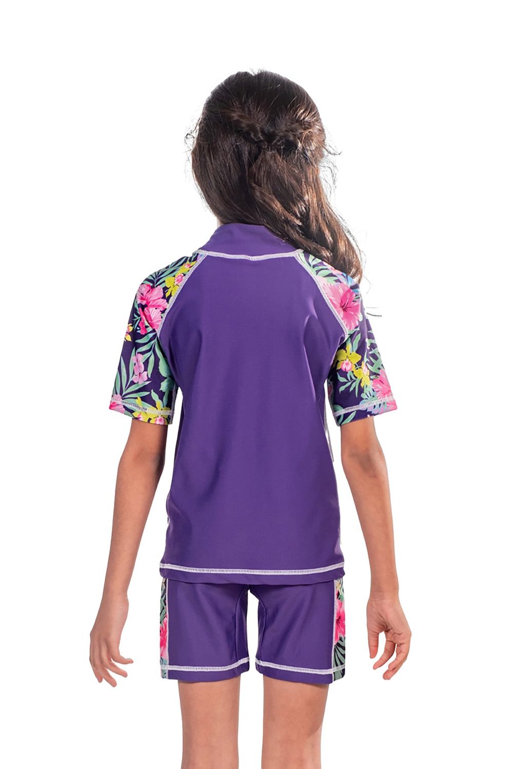 Coega Sunwear Girl's Rashguard & Swim Shorts - Purple Blue Tropical - 2 Pcs