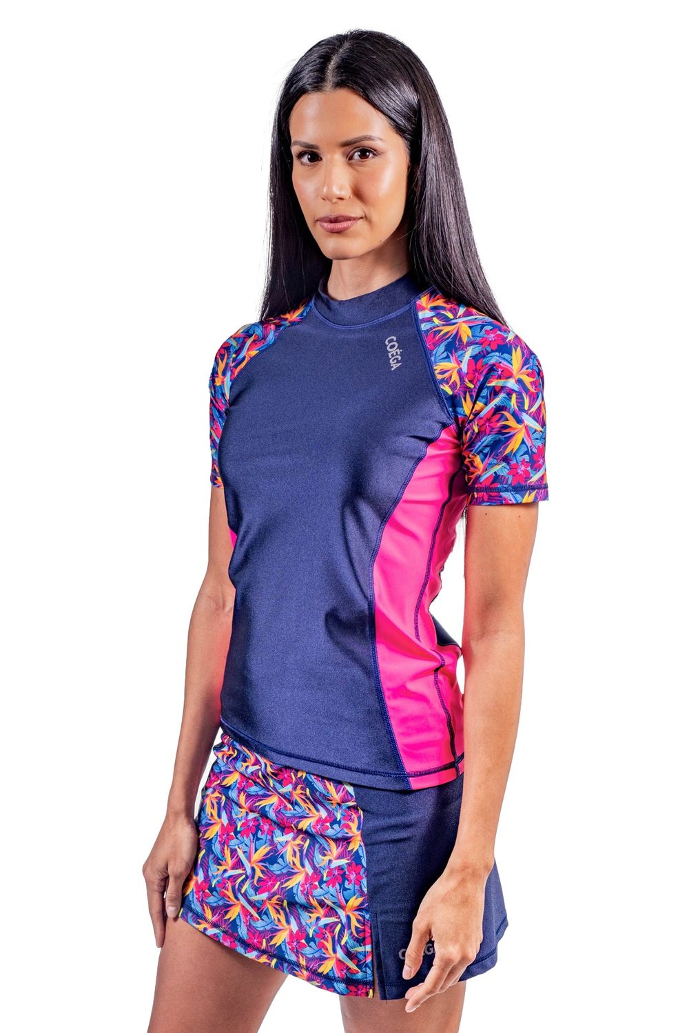 Coega Sunwear - Woman's Short Sleeves Rash Guard - Blue Teal Tropical