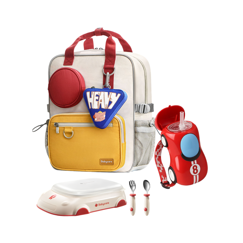 Babycare - Kids School Backpack, Car Water Bottle And Lunch Box Set - Red - 15-inch