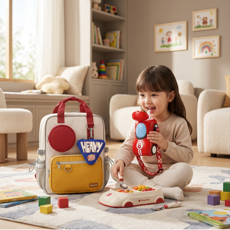 Babycare - Kids School Backpack, Car Water Bottle And Lunch Box Set - Red - 15-inch