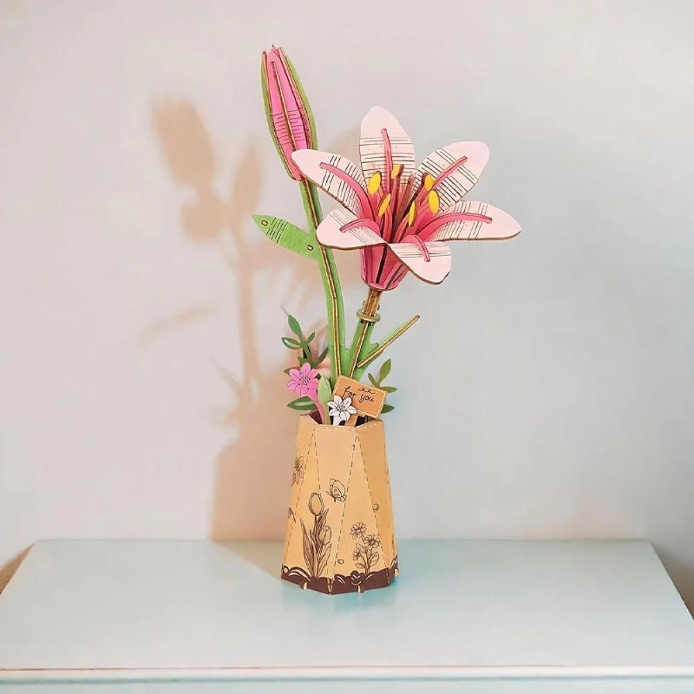 Rolife - DIY Wooden Flower Pink Lily - 73 Pc Set