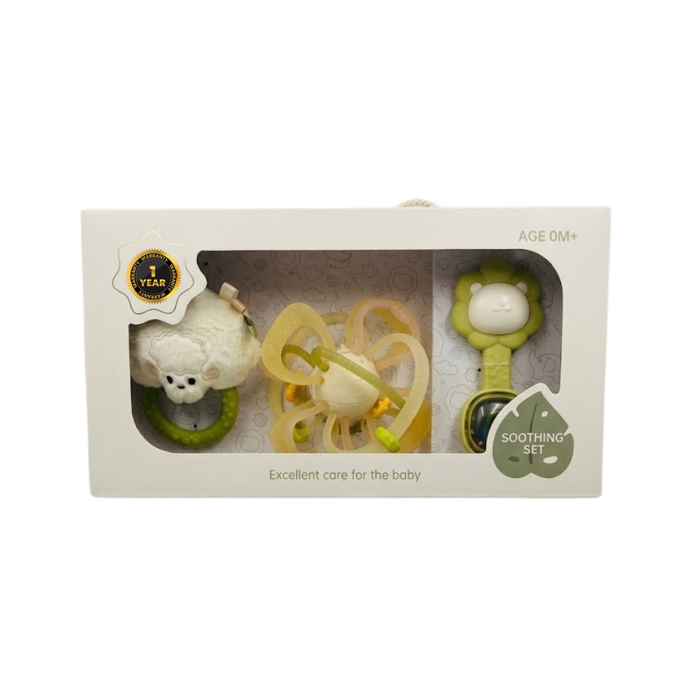 Babycare - Hand Held Ball With Lambskin & Lion Ring Rattle Set - 3 Pcs