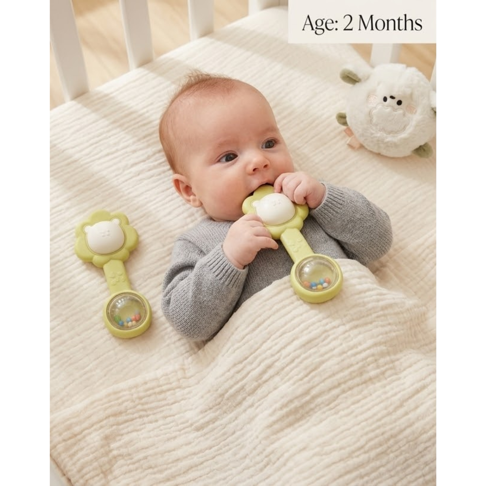 Babycare - Hand Held Ball With Lambskin & Lion Ring Rattle Set - 3 Pcs