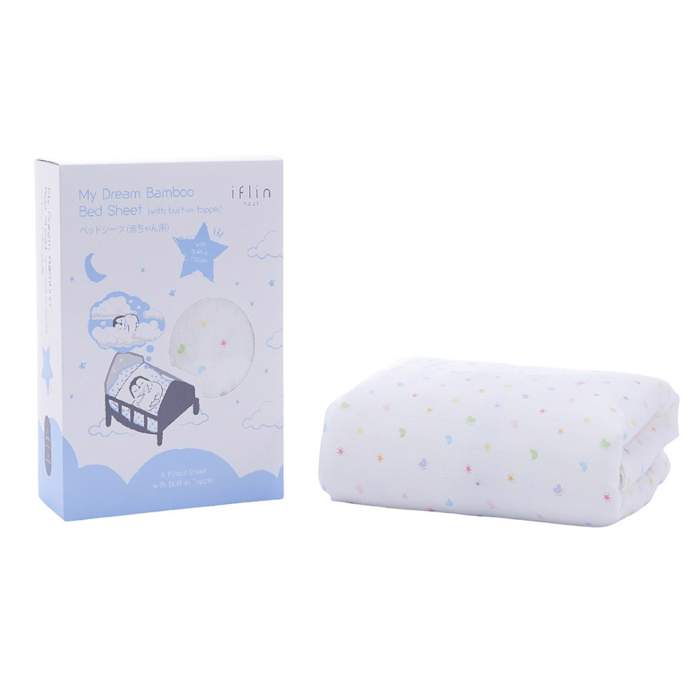 Iflin Baby My Dream Bamboo Bed Sheet With Built-in Topper - Playful Sky