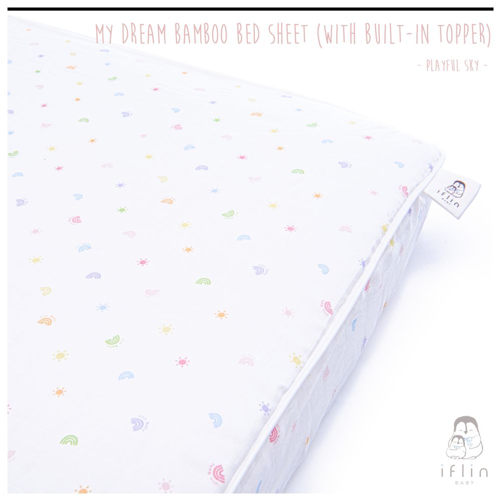 Iflin Baby My Dream Bamboo Bed Sheet With Built-in Topper - Playful Sky