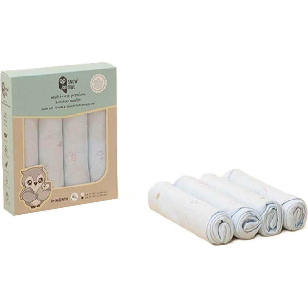 Snow Owl 4pc-Set - Multi-Use Bamboo Muslin Cloth - Lovely Sky