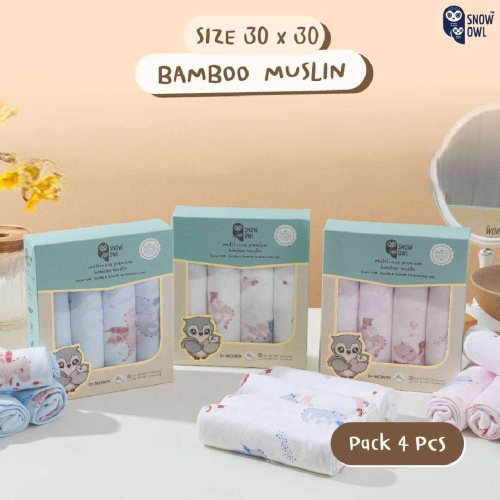 Snow Owl 4pc-Set - Multi-Use Bamboo Muslin Cloth - Petite Bunny