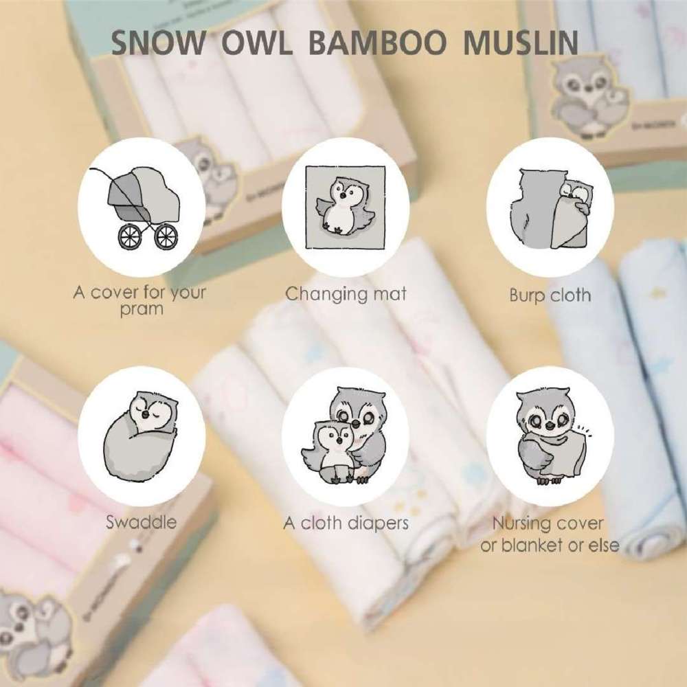 Snow Owl 4pc-Set - Multi-Use Bamboo Muslin Cloth - Petite Bunny