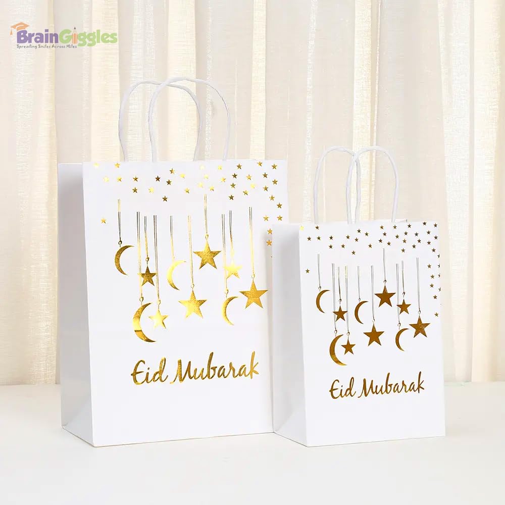 Brain Giggles - Eid Mubarak Gift Bags With Handle - White - Pack of 6 - L