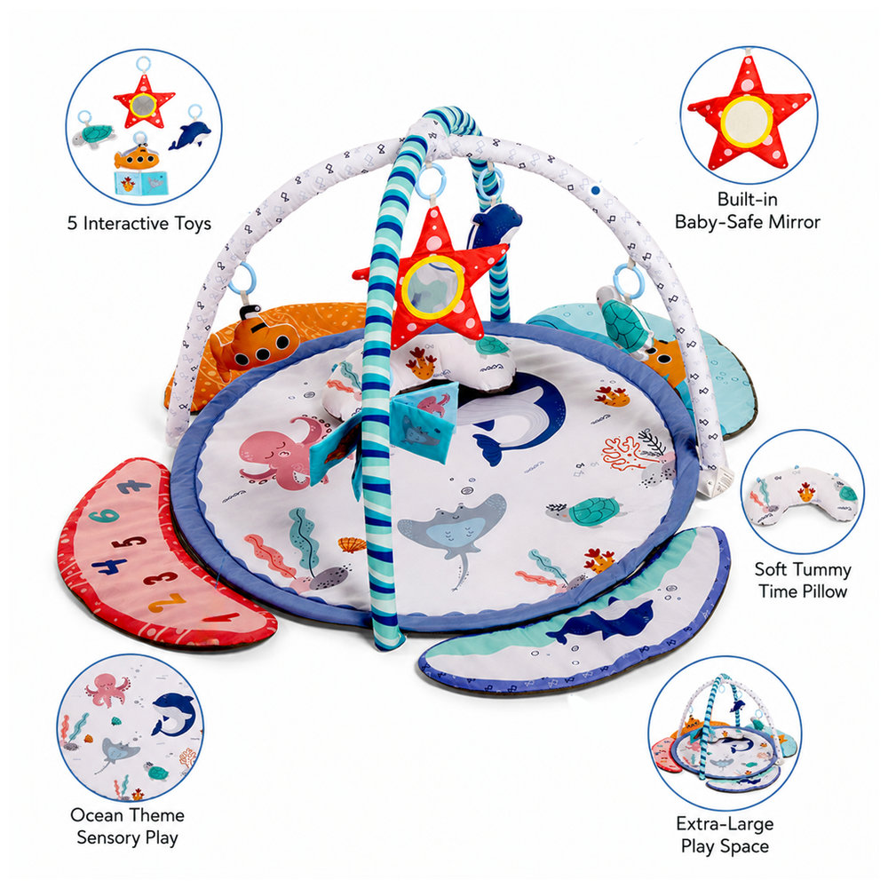 Little Learners - Ocean Theme Baby Play Mat with 5 Toys | Sensory Tummy Time Activity Mat