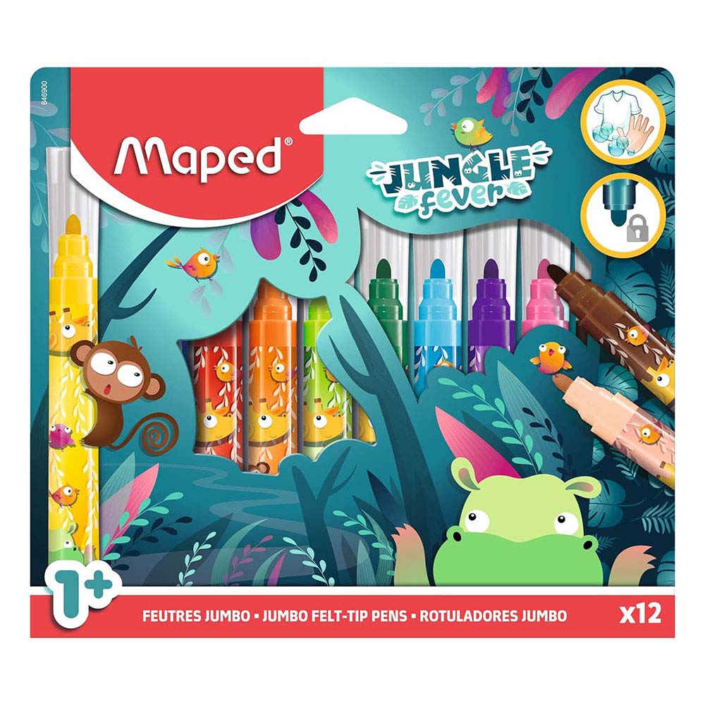 Maped - Jungle Fever Jumbo Felt Tip Pens - Multicolor - 12 Pc Set