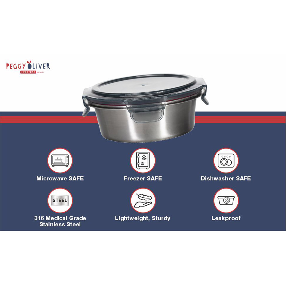 Peggy Oliver - Everyday Round Stainless Steel Container With Airtight Locking Lid - Black