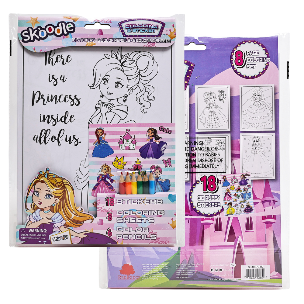 Skoodle Princess Coloring Sheet & Sticker With Color Pencil Set - Multicolor - 32 Pcs