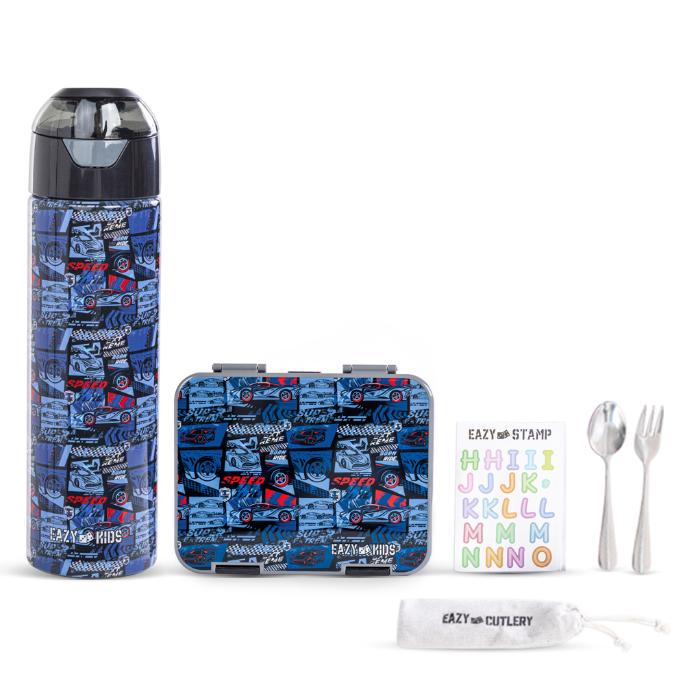 Eazy Kids - Convertible Bento Lunch Box W/ Water Bottle - 640 ml, Cutlery And Alphabets Sticker - Car Racing - Blue