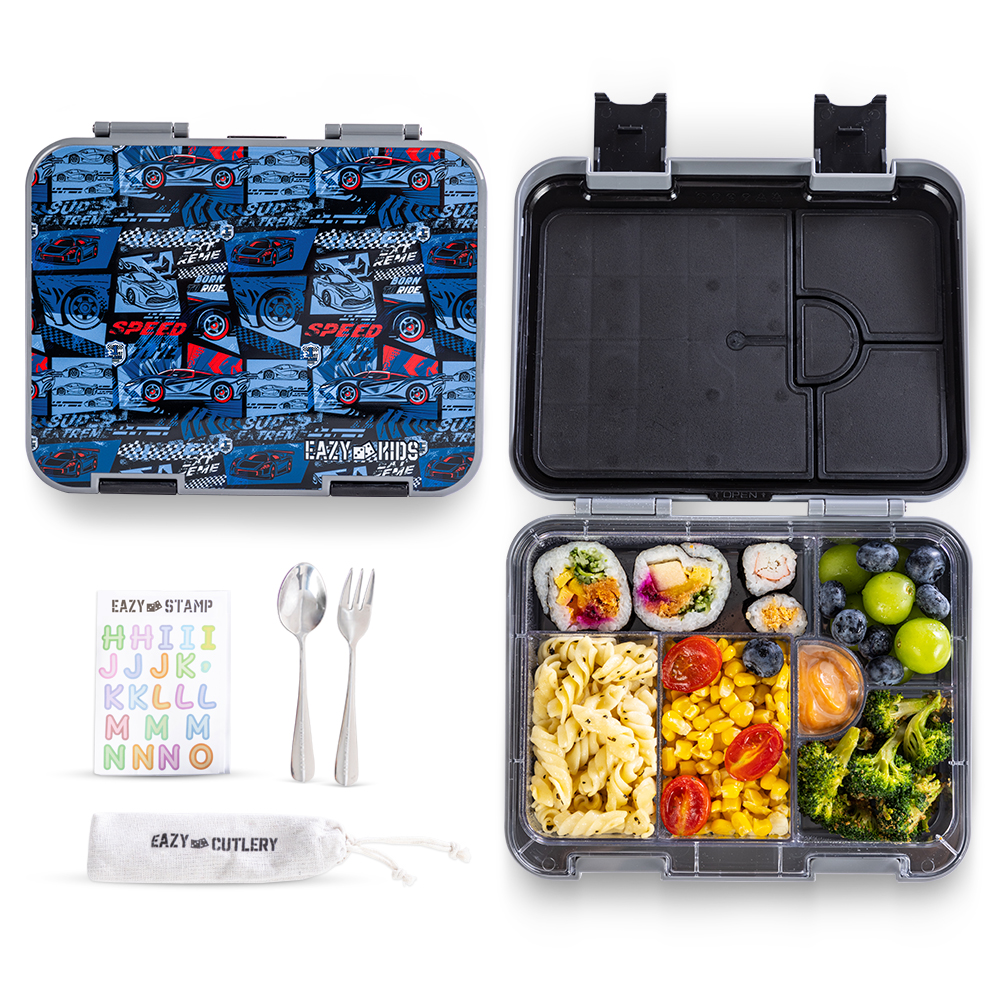 Eazy Kids - Convertible Bento Lunch Box W/ Water Bottle - 640 ml, Cutlery And Alphabets Sticker - Car Racing - Blue