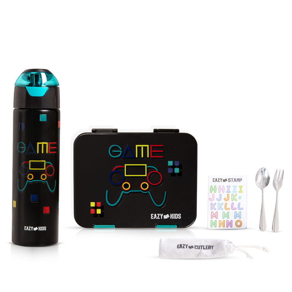 Eazy Kids - Convertible Bento Lunch Box W/ Water Bottle - 640 ml, Cutlery And Alphabets Sticker - Gamer