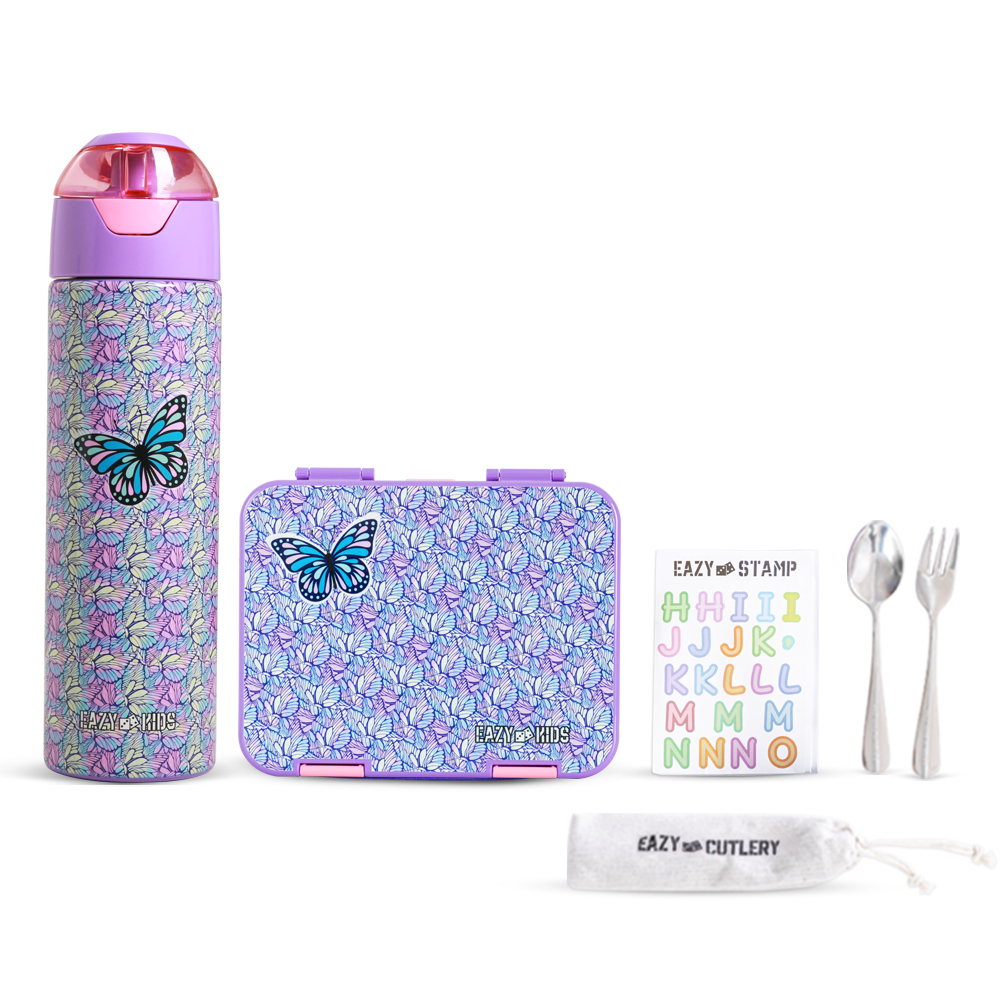 Eazy Kids - Convertible Bento Lunch Box W/ Water Bottle - 640 ml, Cutlery And Alphabets Sticker - Butterfly