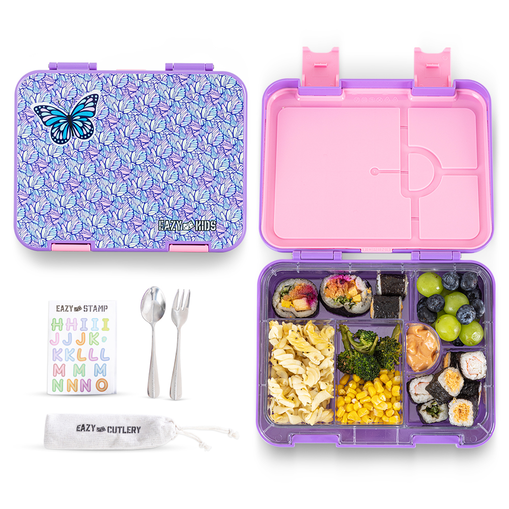 Eazy Kids - Convertible Bento Lunch Box W/ Water Bottle - 640 ml, Cutlery And Alphabets Sticker - Butterfly
