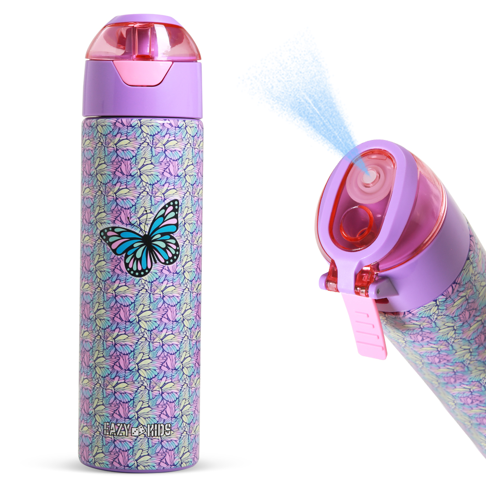 Eazy Kids - Convertible Bento Lunch Box W/ Water Bottle - 640 ml, Cutlery And Alphabets Sticker - Butterfly