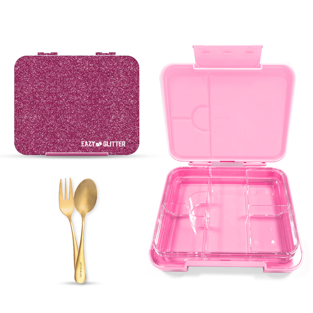 Eazy Kids - Tritan Bento Lunch Box With Bottle And Accessory Set - Glitter Pink