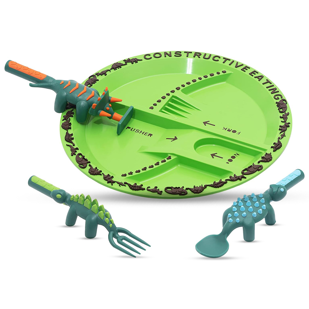 Eazy Kids Eating Plate With Spoon, Fork And Pusher - Dinosaur