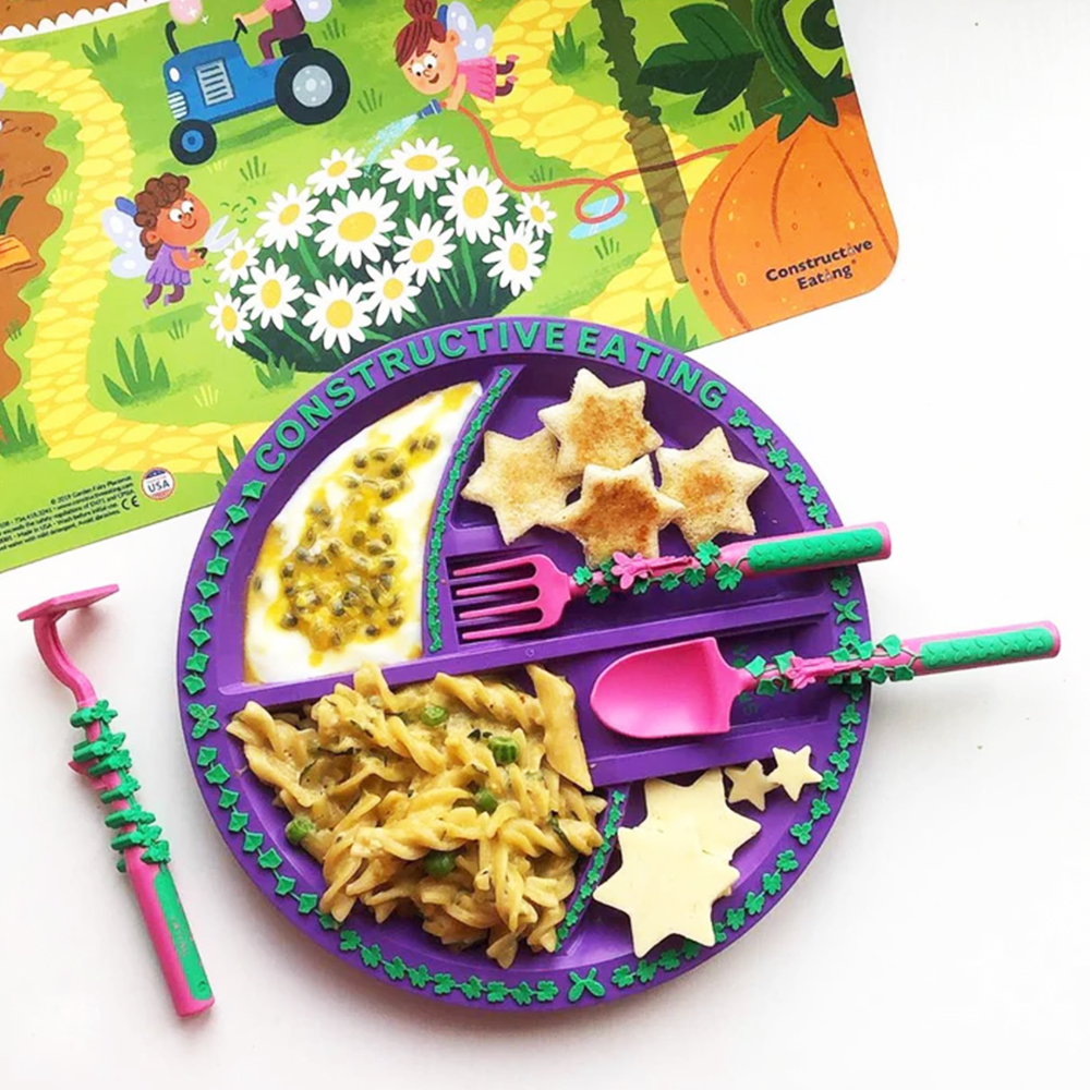 Eazy Kids - Eating Plate With Spoon, Fork And Pusher - Purple