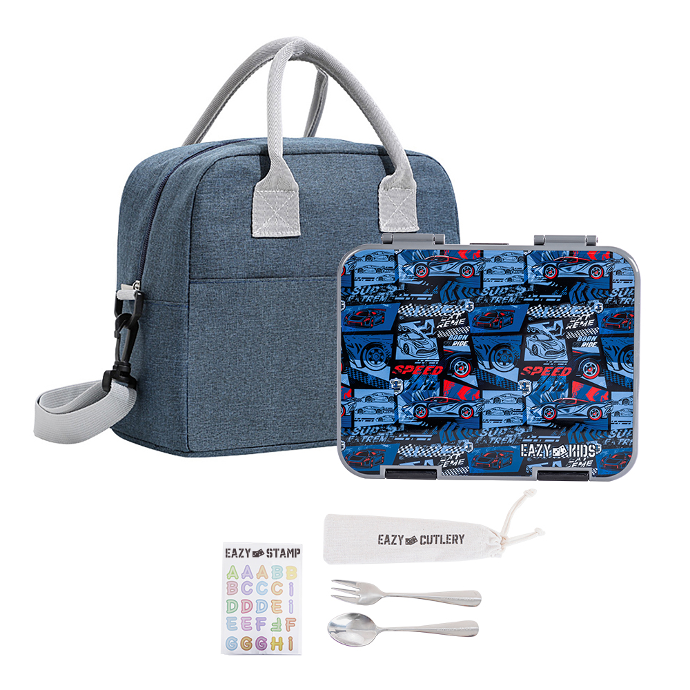 Eazy Kids - Convertible Bento Lunch Box W/ Lunch Bag, Cutlery And Alphabets Sticker - Car Racing