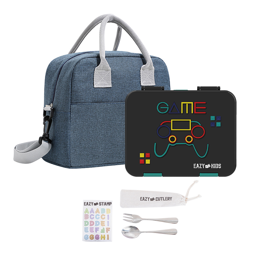 Eazy Kids - Convertible Bento Lunch Box W/ Lunch Bag, Cutlery & Alphabets Sticker - Gamer