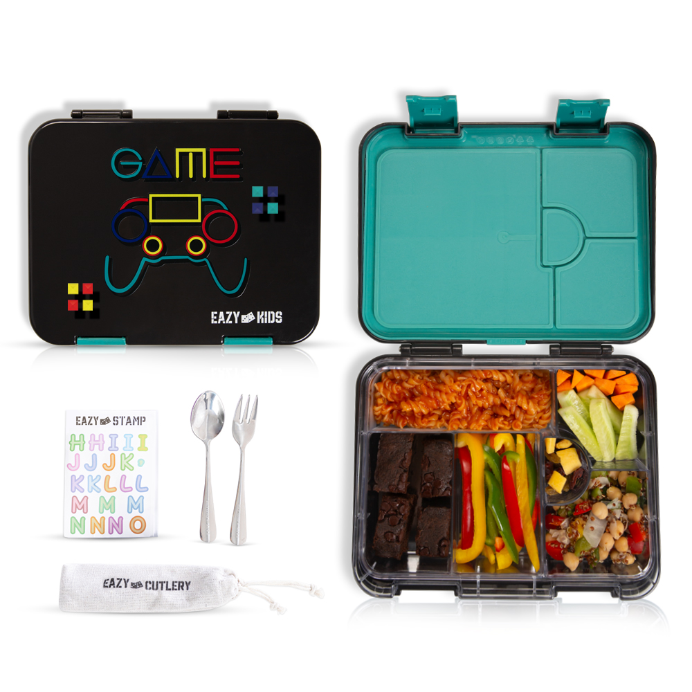 Eazy Kids - Convertible Bento Lunch Box W/ Lunch Bag, Cutlery & Alphabets Sticker - Gamer