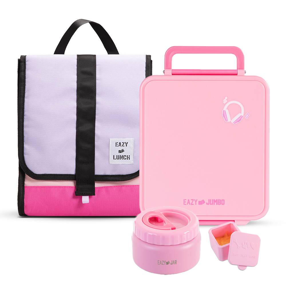 Eazy Kids - Jumbo Bento Lunch Box with Lunch Bag & Two Dip Jars - Pink