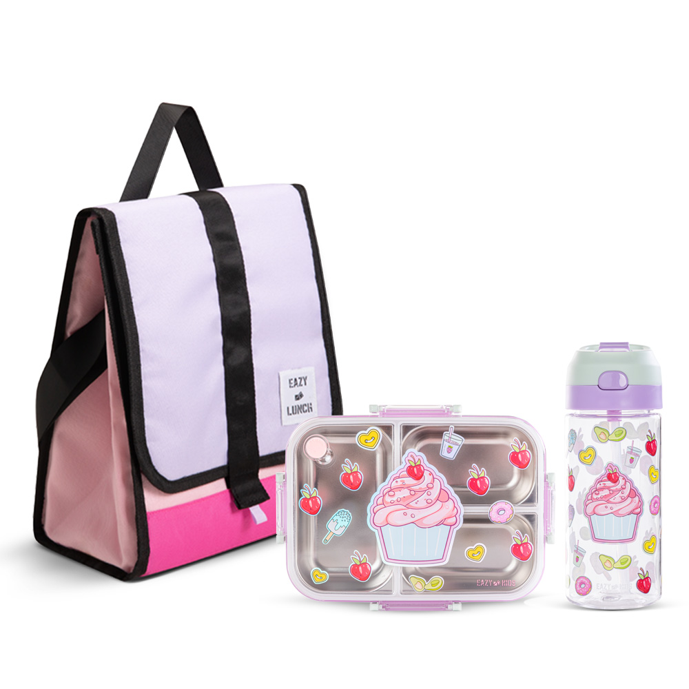 Eazy Kids - 800ml Lunch Box with 500ml Water Bottle & Pink Lunch Bag - Pink