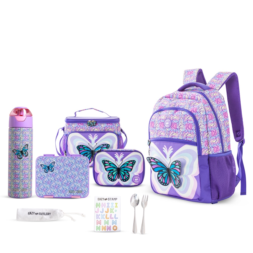 Eazy Kids - Backpack with Water Bottle 640ml, Lunch Box, Lunch Bag & Pencil Case - Purple - 18-Inch/46cm