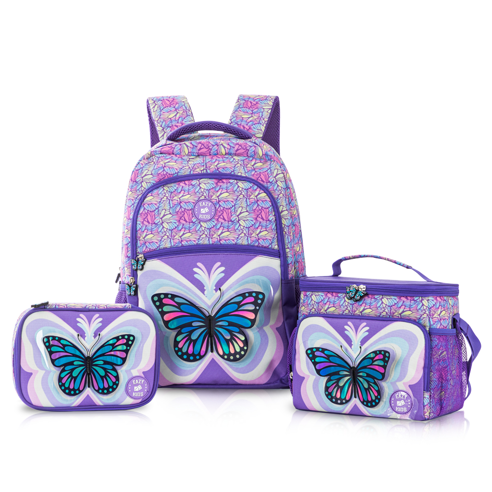 Eazy Kids - Backpack with Water Bottle 640ml, Lunch Box, Lunch Bag & Pencil Case - Purple - 18-Inch/46cm