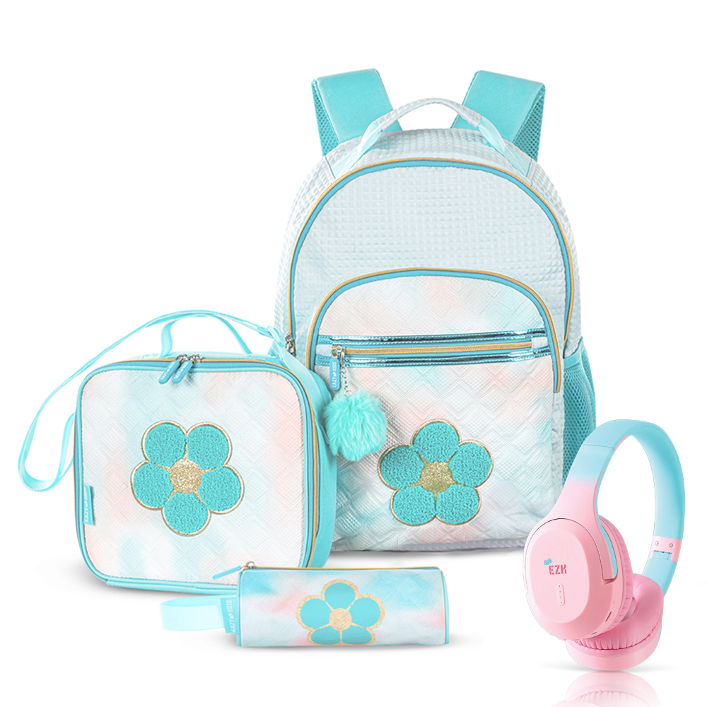 Eazy Kids - Girl's Backpack, Pencil Case & Lunch Bag With Headset Set - Flora Green - 4 Pcs