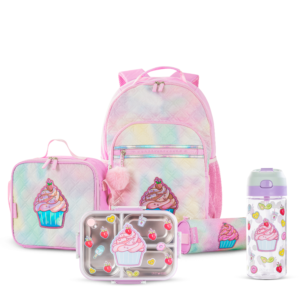 Eazy Kids - Backpack with Water Bottle 500ml, Lunch Box, Lunch Bag And Pencil Case Set - Pink - 17-Inch/43.5cm