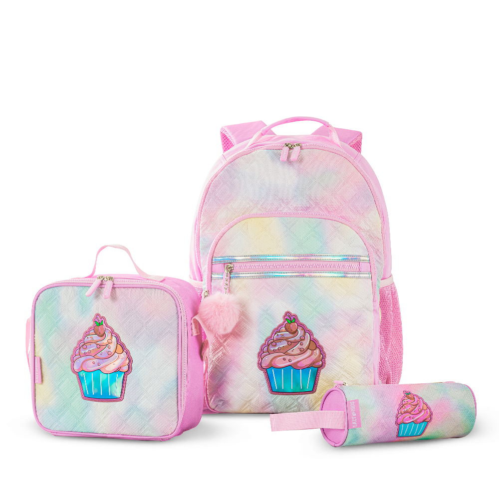 Eazy Kids - Backpack with Water Bottle 500ml, Lunch Box, Lunch Bag And Pencil Case Set - Pink - 17-Inch/43.5cm