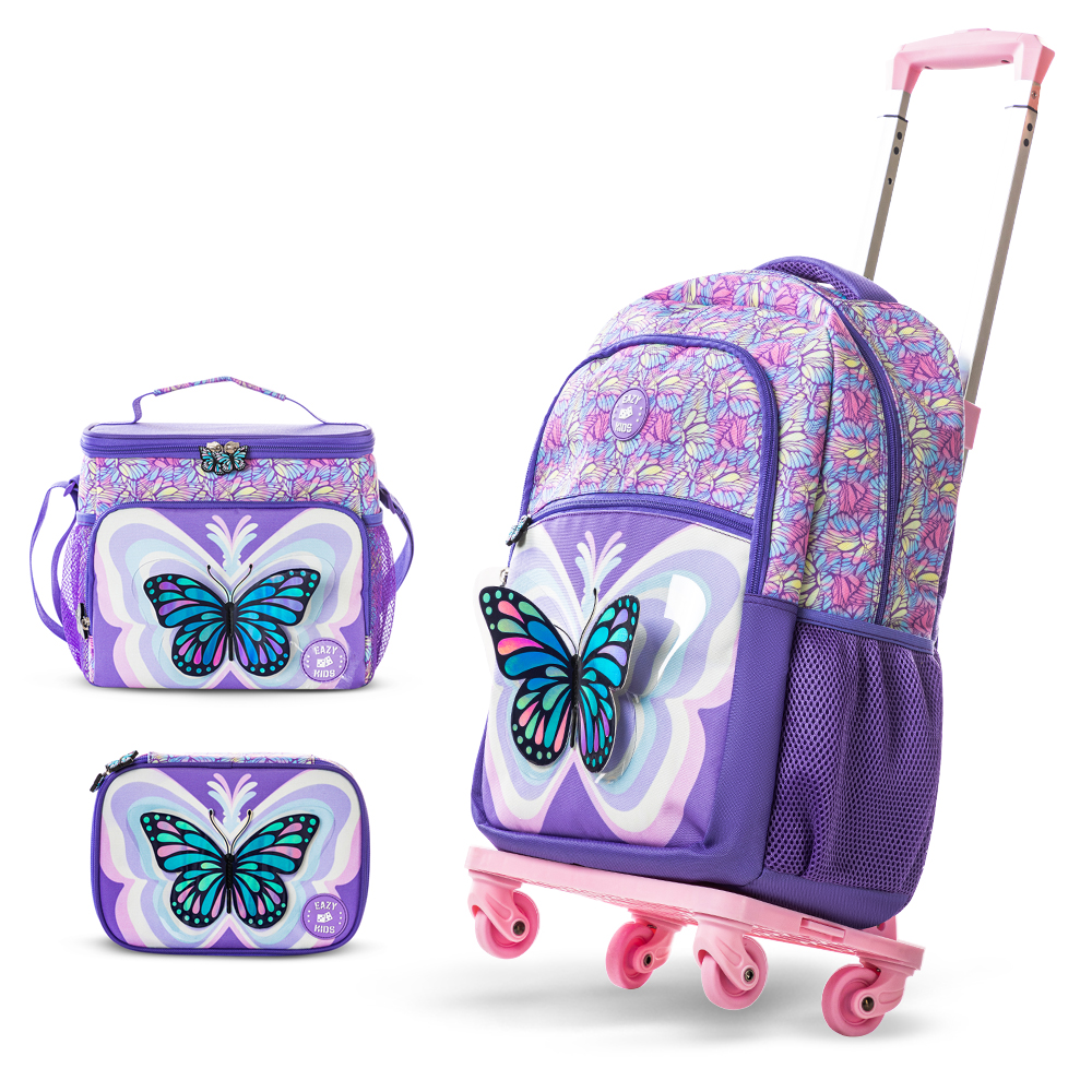 Eazy Kids - Girl's Backpack with Trolley, Pencil Case & Lunch Bag Set - 3D Butterfly Purple
