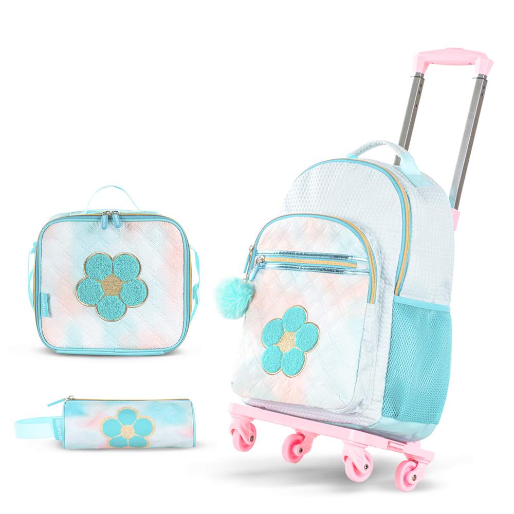 Eazy Kids - Girl's Backpack with Trolley, Pencil Case & Lunch Bag Set - Flora Green