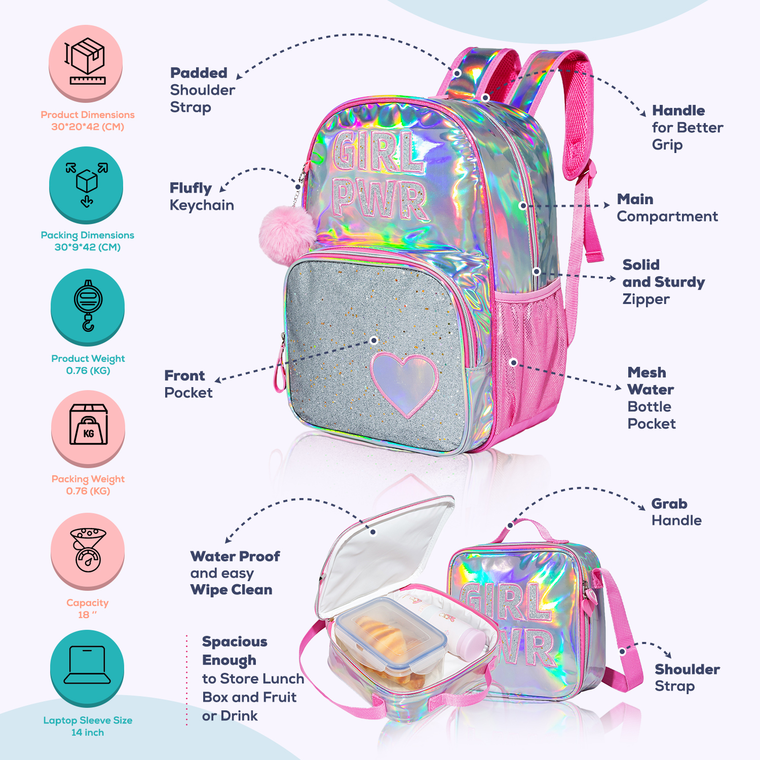 Eazy Kids - Girl Power School Backpack With Accessory Set - Glitter Pink - 5pcs