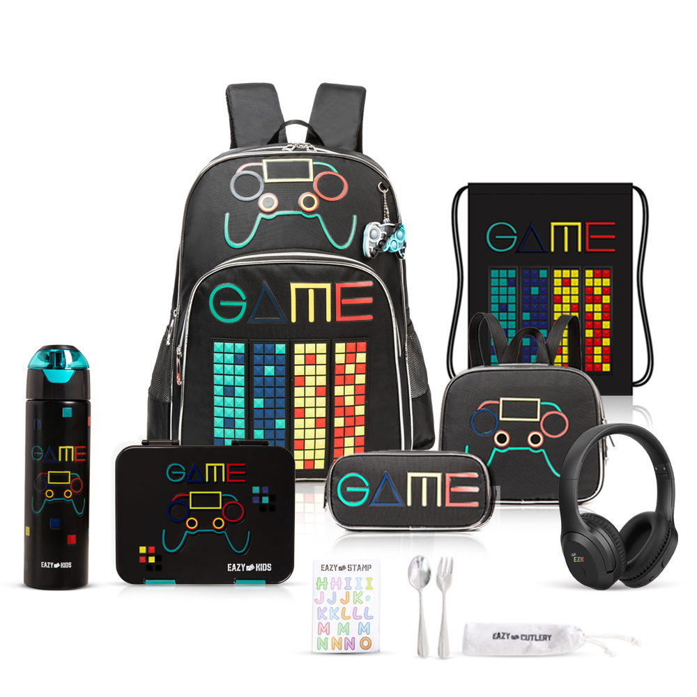 Eazy Kids - School Bag With Water Bottle 640ml, Lunch Box, Lunch Bag, Activity Bag, Headset & Pencil Case Set - Black - 17-Inch/43.5cm