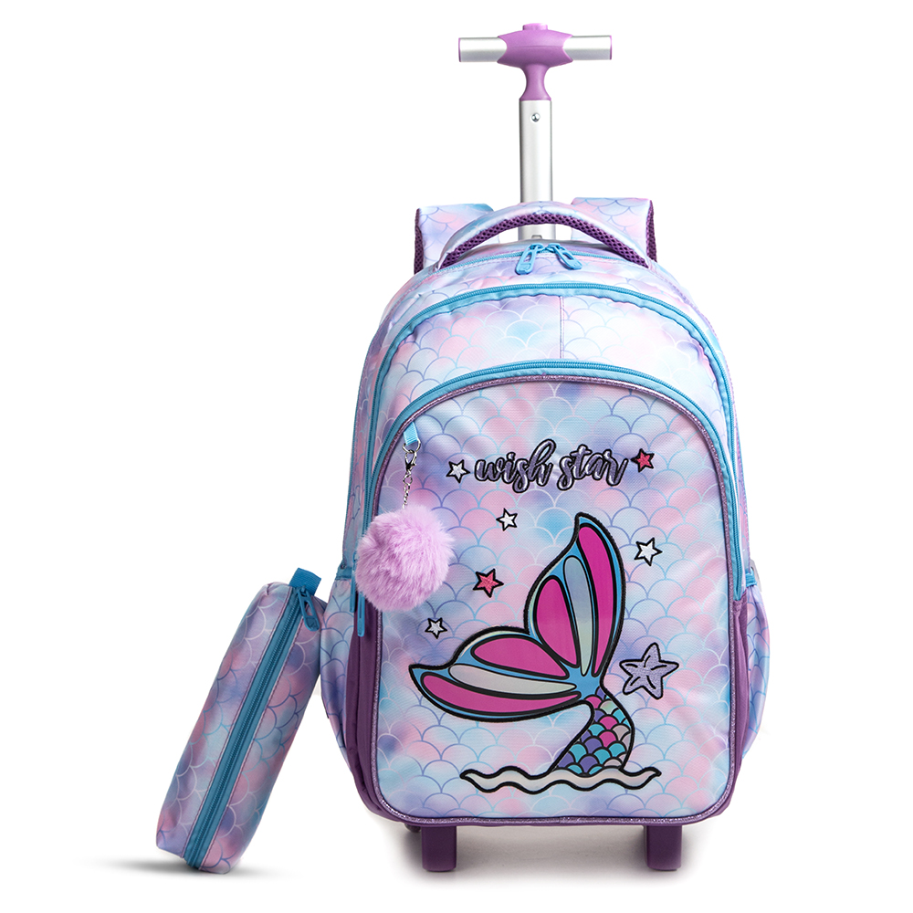 Eazy Kids - School Trolley Bag With Lunch Kit And Pencil Case Set - Mermaid - 4pcs