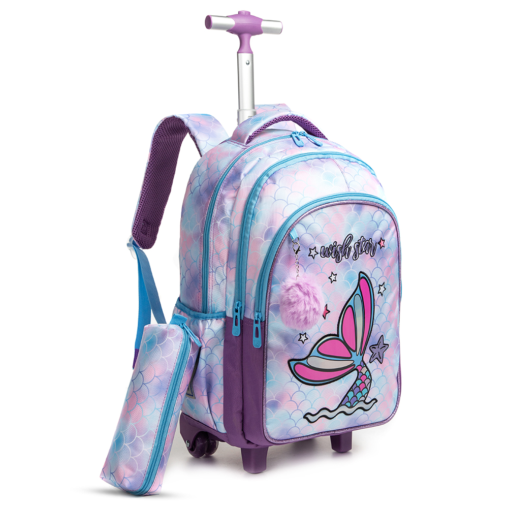 Eazy Kids - School Trolley With Lunch Bag, Water Bottle And Pencil Case Set - Mermaid - 4pcs