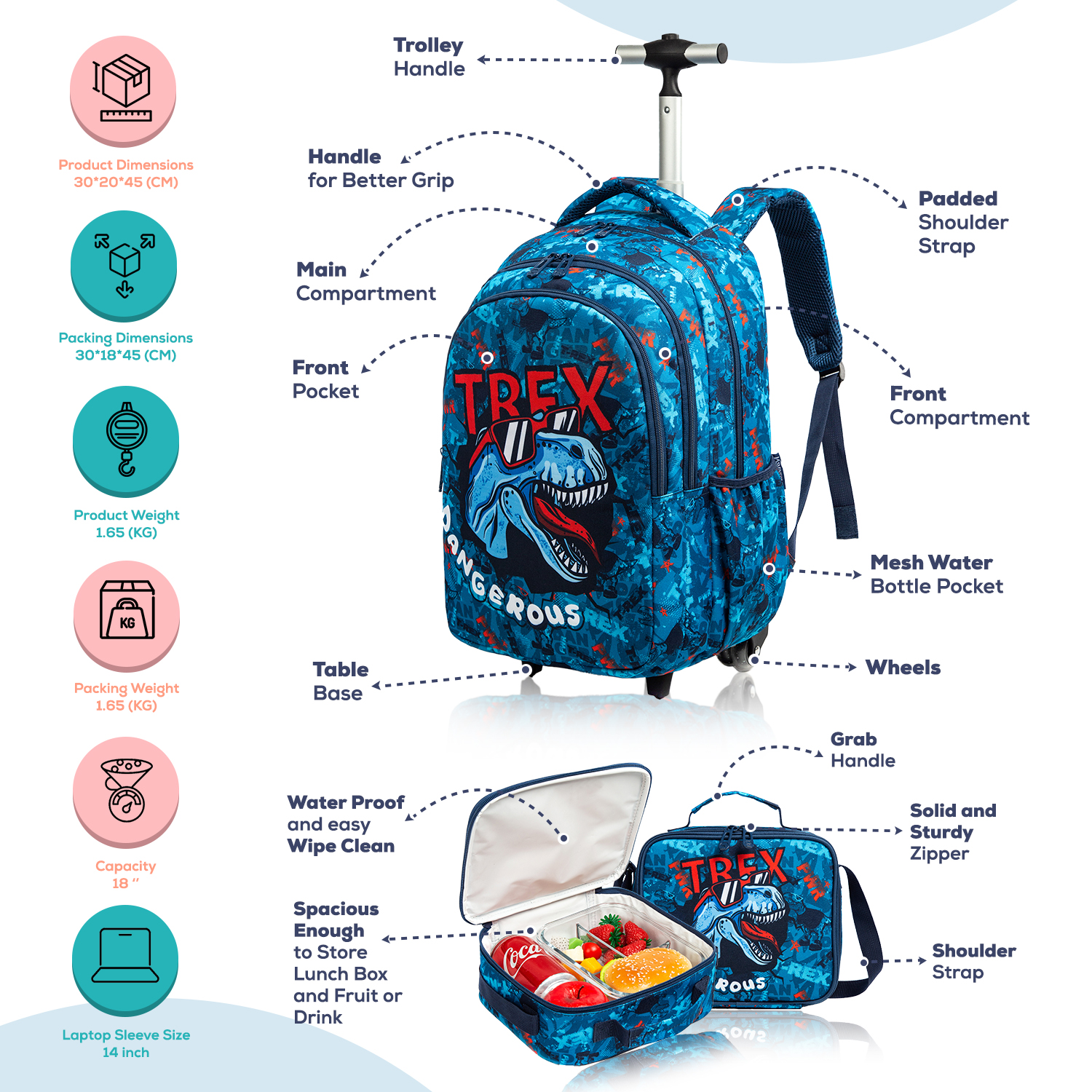 Eazy Kids - School Trolley with Accessory Set - T-Rex