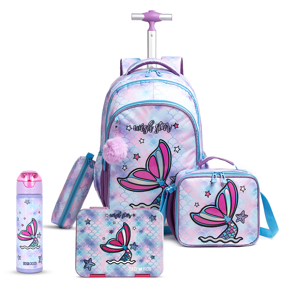 Eazy Kids - School Trolley Bag With Lunch Kit And Pencil Case Set - Mermaid - 5pcs