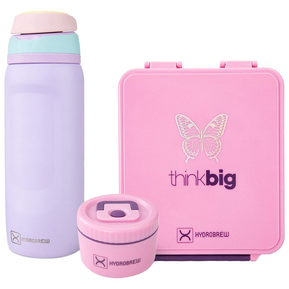 Hydrobrew - Bento 3 Compartment Lunch Box w/ Steel Food Jar & Stainless Steel Water Bottle - ThinkBig Pink
